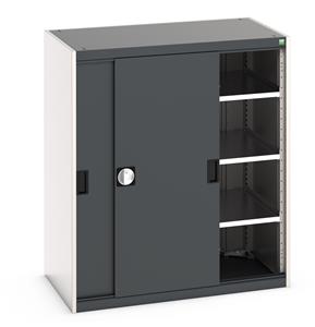 Bott cubio cupboard with lockable sliding doors 1200mm high x 1050mm wide x 650mm deep and supplied with 3 x 100kg capacity shelves.   Ideal for areas with limited space where standard outward opening doors would not be suitable. ... Bott Cubio Sliding Solid Door Cupboards with shelves and drawers 1600mm high option available